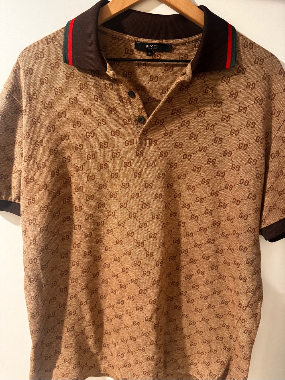 Gucci Tan/Brown Monogram Polo with Red-Green Stripe Collar